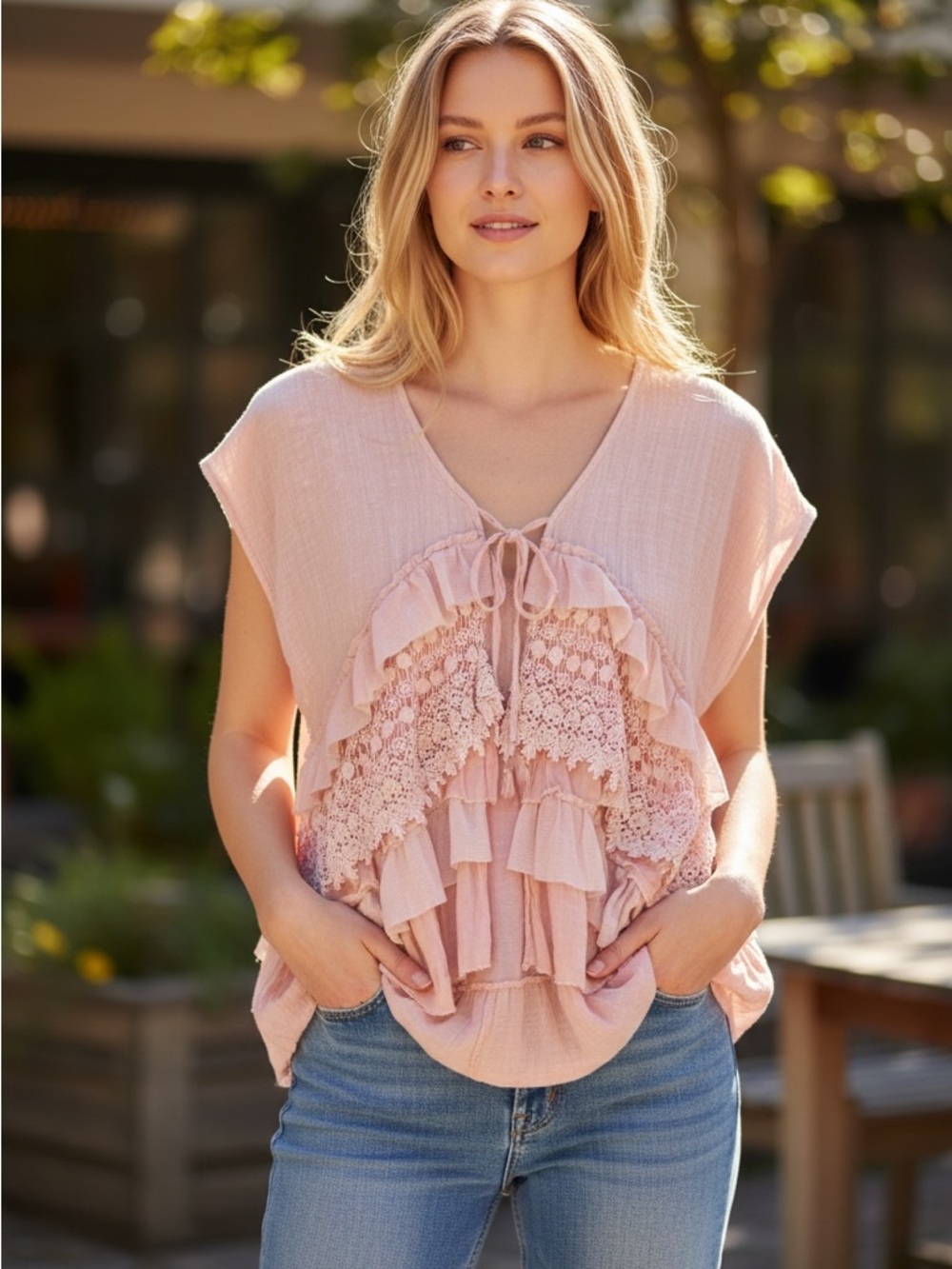 Oli & Hali Soft Pink Ruffle & Lace Tiered V-Neck Top Cardigan